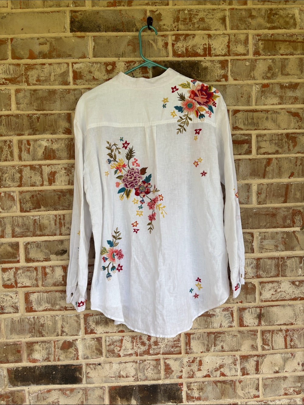 Johnny Was Amara Floral Embroidered Mandarin Collar Long Sleeve Linen Shirt - Picture 7 of 7
